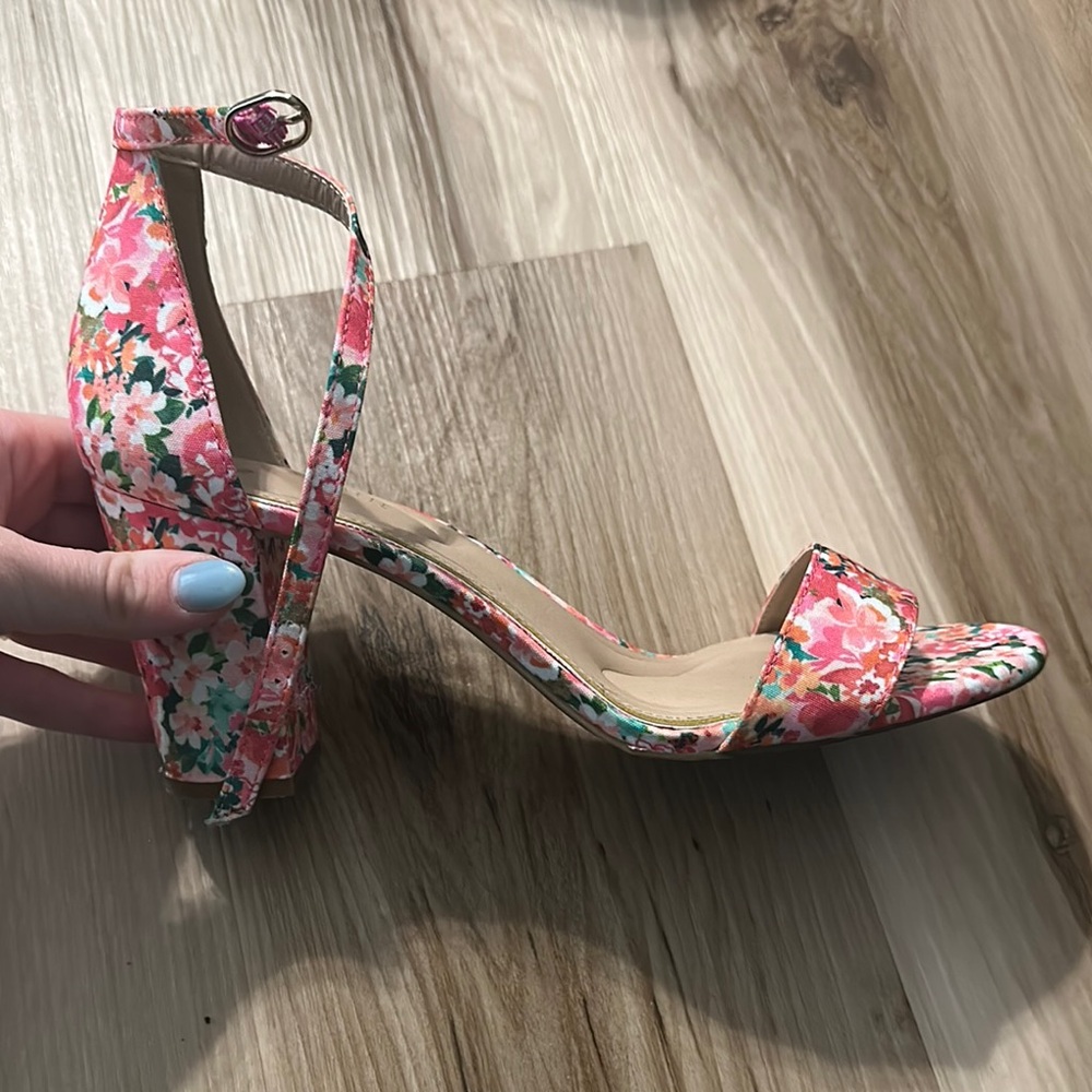 Kelly & Katie Pink and Green Floral Heels Vibrant Ankle-Strap Sandals